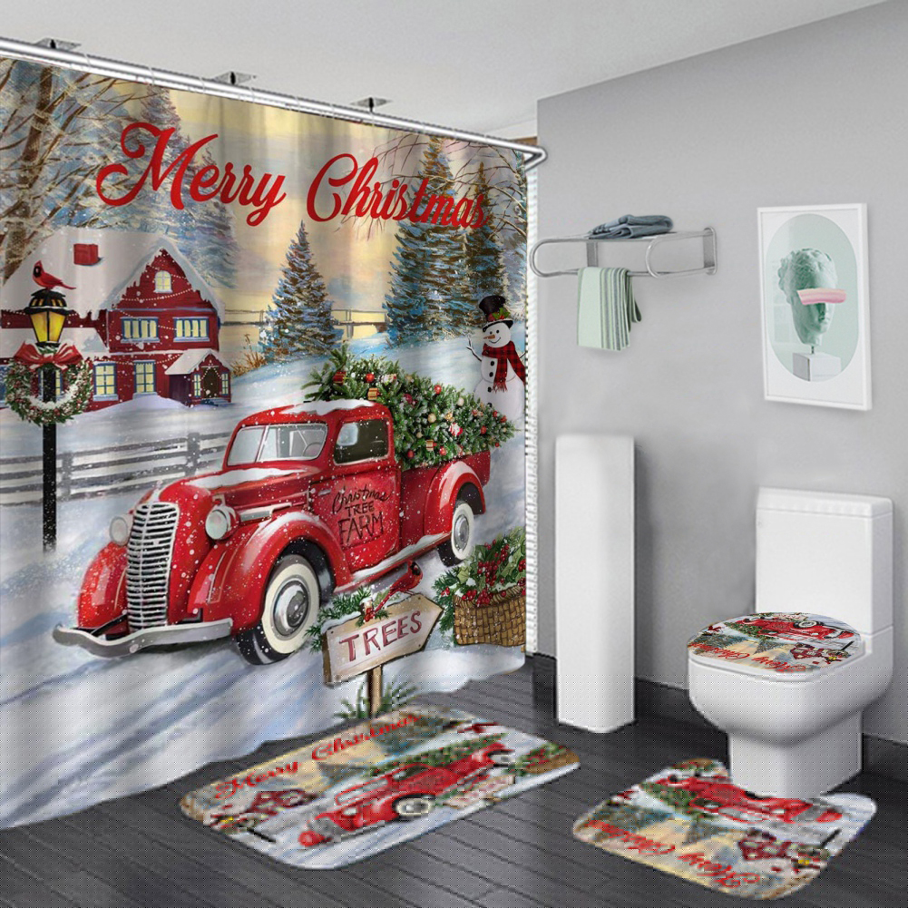thumbnail image 1 of PATIO 4 Pieces Set 3D Digital Printing High-Density Merry Christmas Theme Pattern Shower Curtain Set Bathroom Floor Mat Base Mat Toilet Mat Home Holiday Decoration Bathroom Accessories Ch, 1 of 9