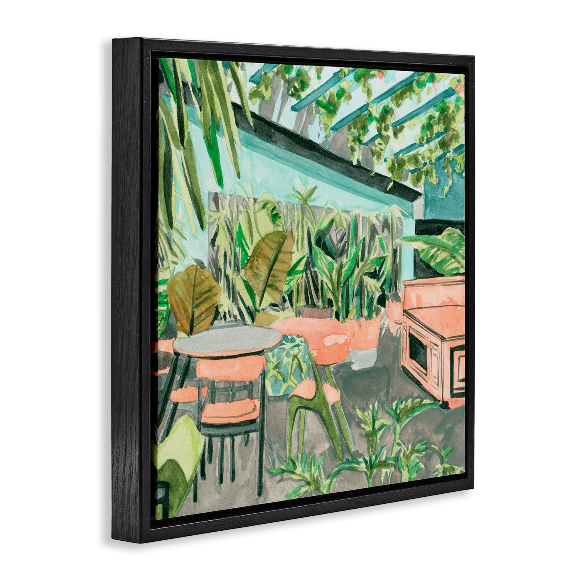 Stupell Industries Greenhouse Plants Café Furniture Painting Black Floater Framed Canvas Art Print Wall Art, 18 x 18