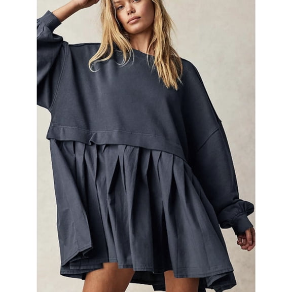 Autumn And Winter Crew Neck Pullover Long Sleeve Sweatshirt Ruffled Patchwork Hoodie Dress