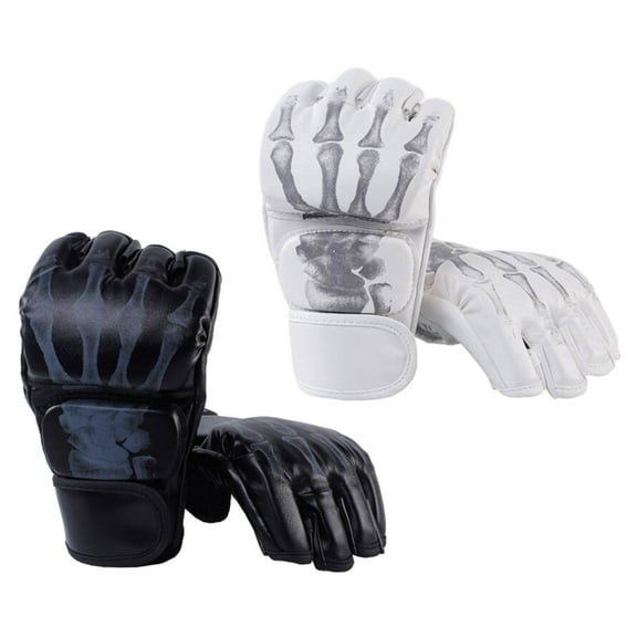 Tnarru 2 Pairs Mma Gloves Boxing Fight Gloves Half Finger Shockproof with Adjustable Wrist Band Martial Arts Bag Gloves for Sparring Black and White
