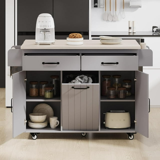 Farmhouse Kitchen Island with Trash Can Storage Cabinet, Kitchen Cart with Drop Leaf, Spice Rack, Towel Rack and Drawer, Rolling Kitchen Island on Wheels with Adjustable Shelf (Grey)