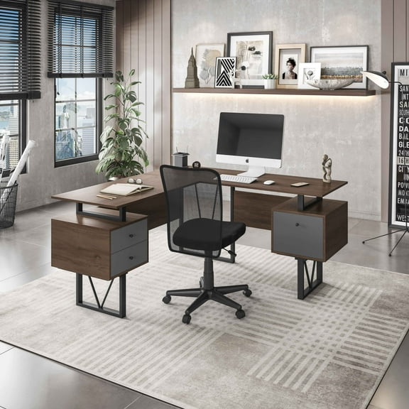 Techni Mobili Reversible L-Shape Computer Desk with Drawers and File Cabinet, Walnut/Gray RTA-4809DL-WAL