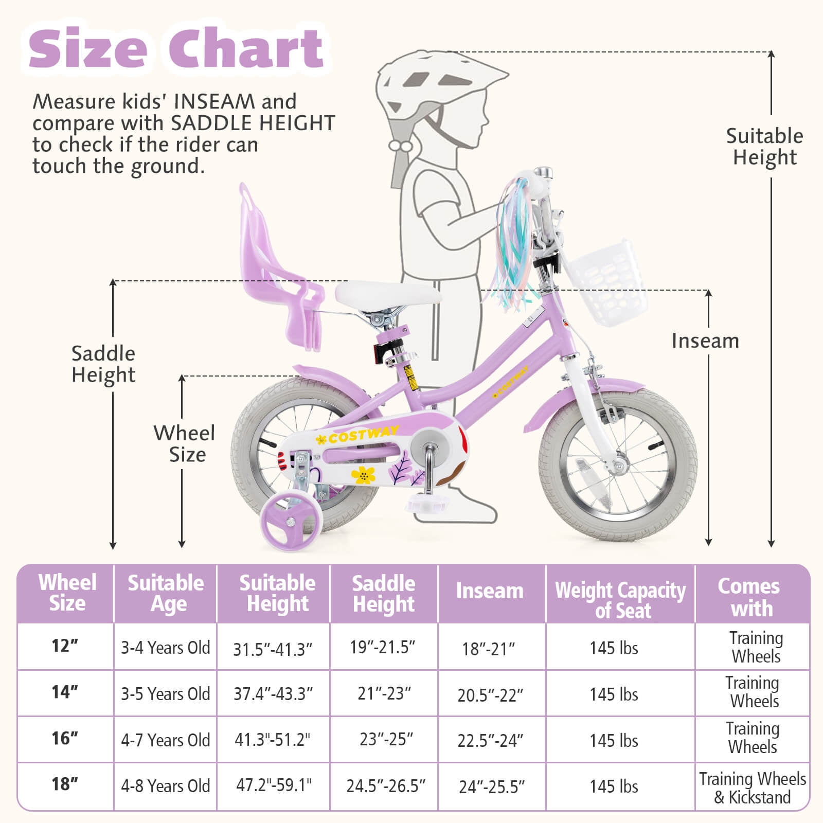 Costway 12 Inch Kids Bike with Training Wheels Doll Seat Basket