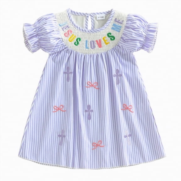 mgoYE Little Girl Christian Outfit Loves Me Dress Puff Sleeves Embroidered Smocked Dresses Baptism Outfit Princess(Light Purple,12-18 Months)