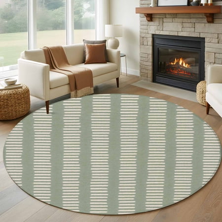Pale Olive 8FT Round Area Rugs for Living Room Khaki Striped Tribal Texture Modern Rustic Farmhouse Ultra-Thin Non-Slip Round Rugs Machine Washable Low Pile Circle Carpet for Bedroom Kitchen Nursery