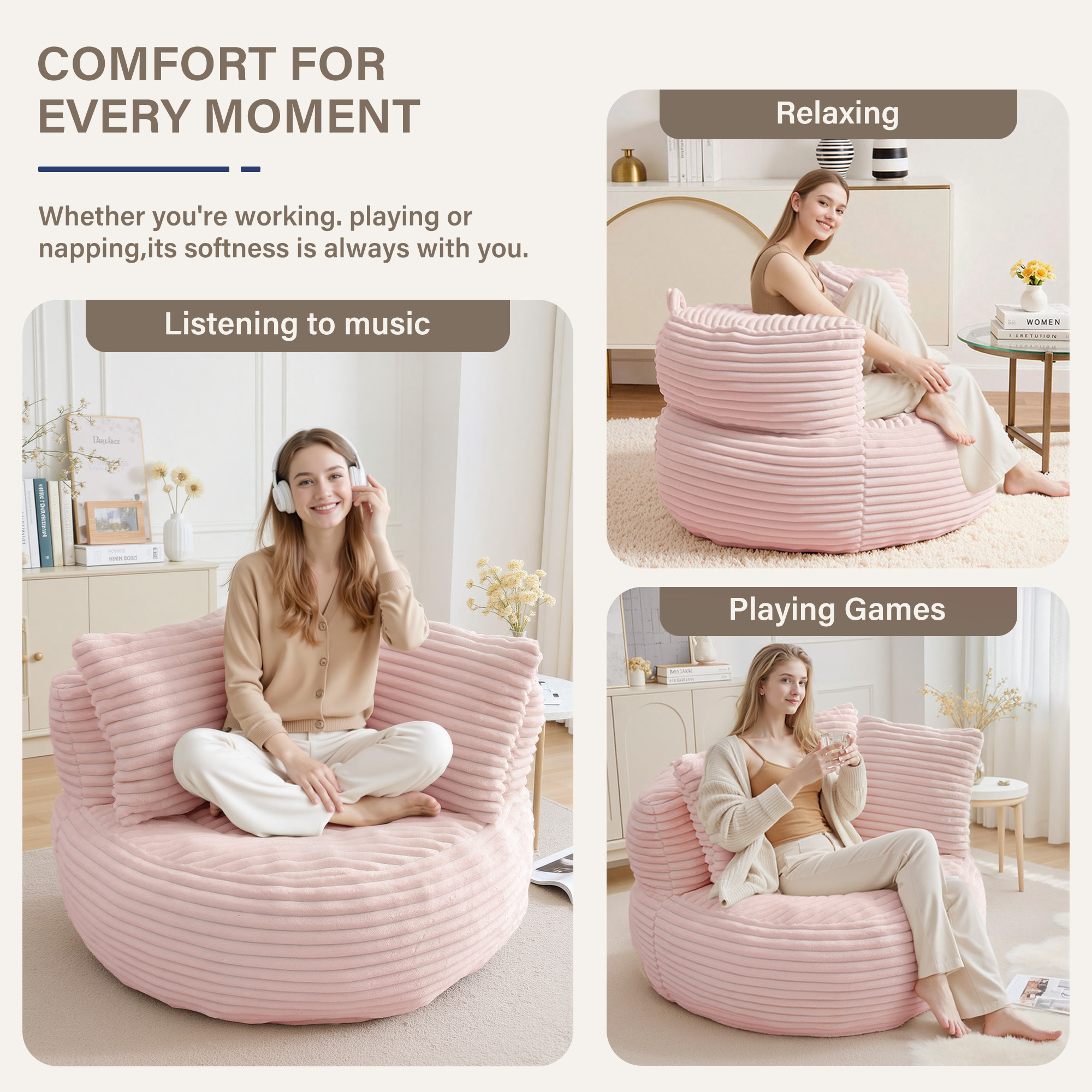 YINIX Oversized Bean Bag Chair with Backrest and Cushion, Cozy Round Floor Sofa for Living Room, Pink