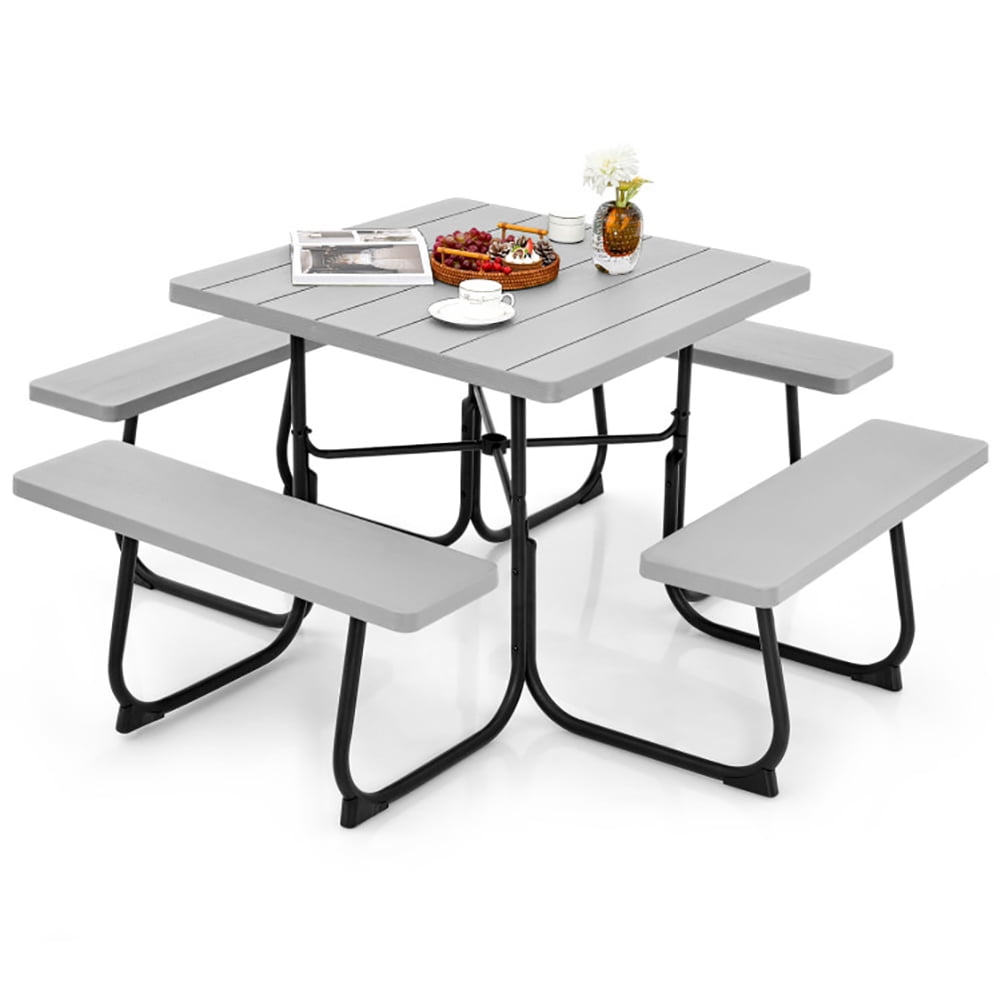 Aimee Lii Outdoor Picnic Table with 4 Benches and Umbrella Hole, Outdoor Patio Furniture, Gray