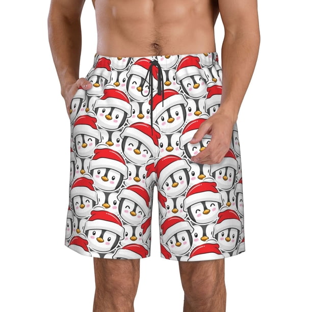 Fotbe Cute Christmas Hat Penguin Trajes de Baño Estampados para Hombre, Shorts de Verano de Secado Rápido, Ropa de Playa, Bañadores-X-Large