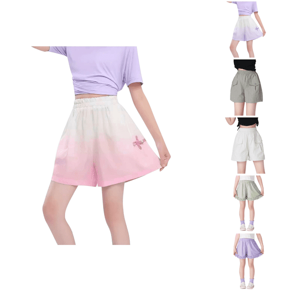Ahuyic Girls Pants,Summer Shorts for Girls,Children's Elastic Waist Gradient Shorts Sports Pants Mid Size Children's Summer Casual And Comfortable Pants,Pink,14 Years