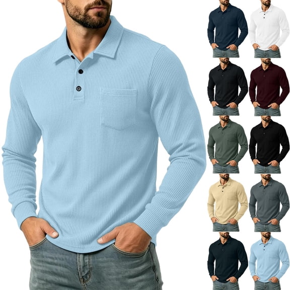 Men's Corduroy Pullover Polo Shirt Long Sleeve Slim Fit Chest Pocket Business Casual Golf Top
