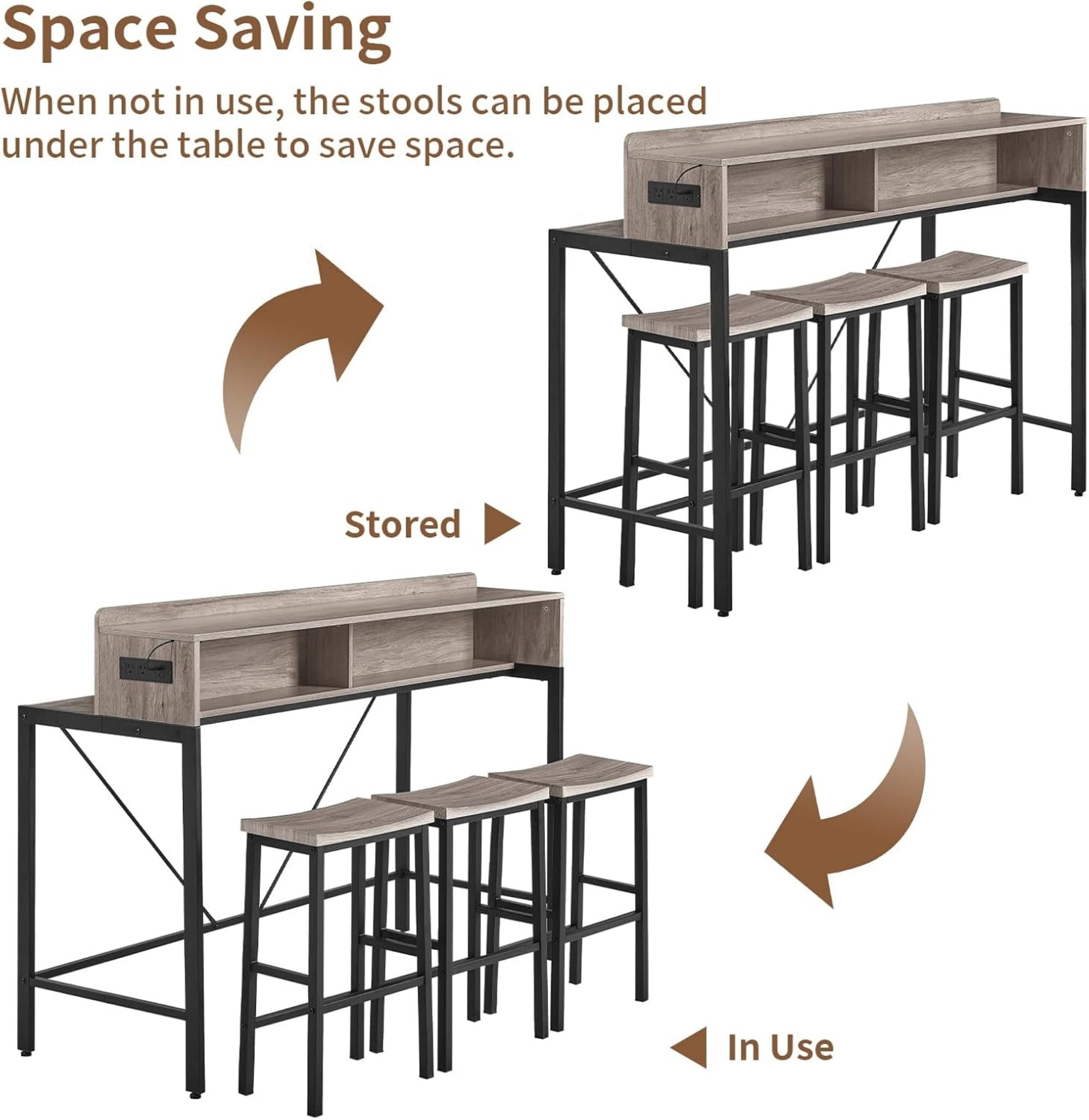 AENKYO 59" 4-Piece Sofa Bar Table and Chair Set, Dining Table with 3 Saddle Stools, Charging Station & LED Lights, Antique Gray
