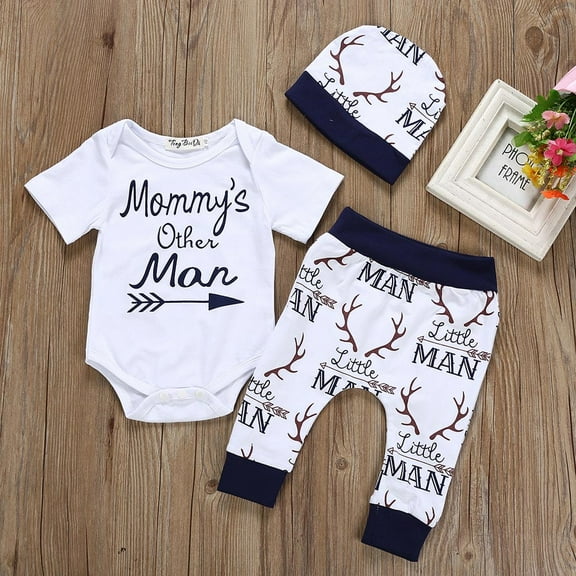 Kayannuo Christmas Newborn Kids Baby Boy Outfits Clothes Letter Print Romper Jumpsuit Pants Hat Set Christmas Gifts