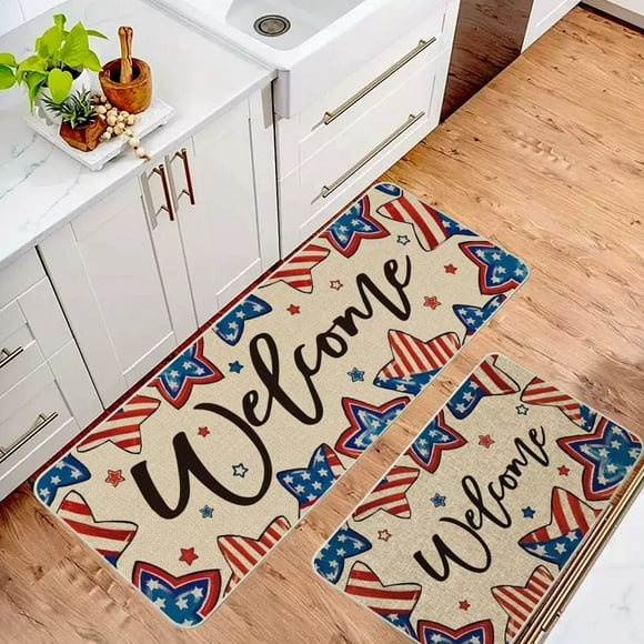 2025 4th of July Kitchen Rugs Set of 2, Non-Slip Nylon Floor Mats 40x60cm/40x120cm, Rubber Backing + Crystal Velvet, Independence Day Home Decor for Kitchen/Living Room (Multicolor)