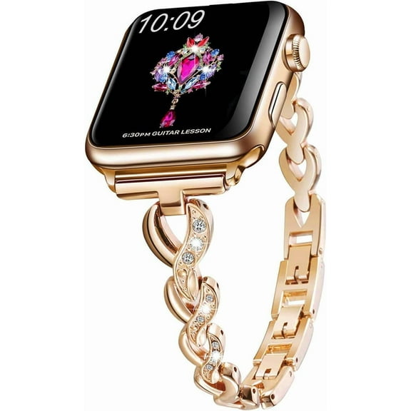 KOMI Women's Stainless Steel Band for Apple Watch 38mm 40mm 41mm 42mm - Fancy Heart Rhinestone Bling Strap, Dressy Metal Link Bracelet for Apple Watch Series 10/9/8/7/SE/6/5/4/3/2/1 Rose Gold