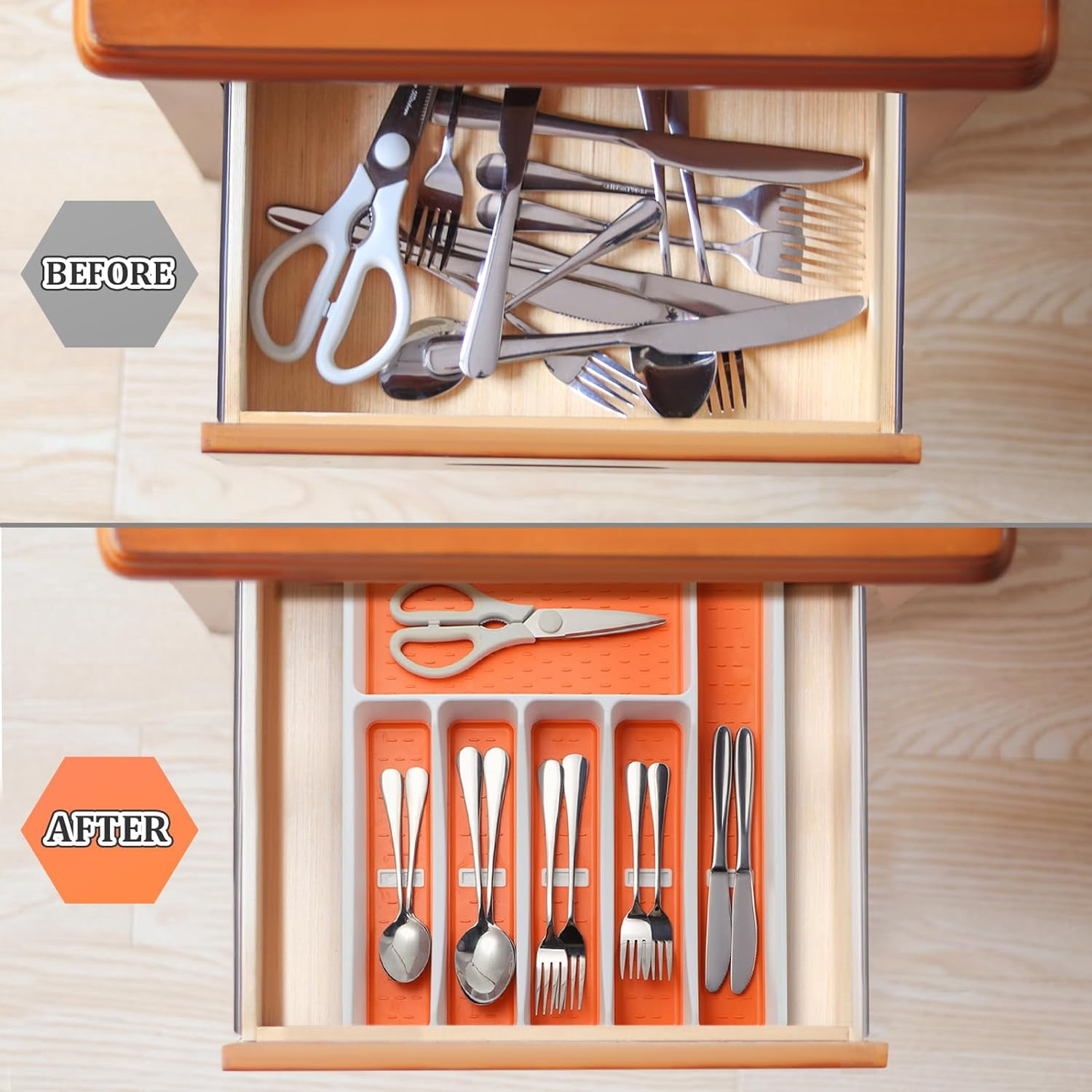 Silverware Organizer with Cutlery Icons，Silverware Tray for Kitchen Drawer，Plastic Flatware Tableware Silverware Drawer Organizer Utensil Organizer with Non-slip TPR Linings，6-Compartment