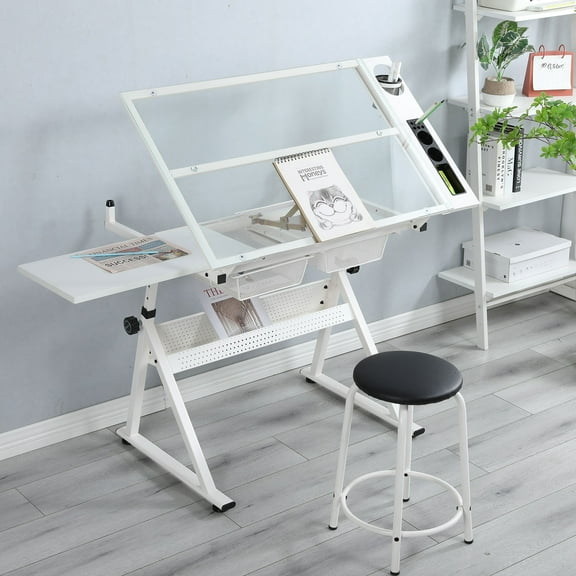 Royard Oaktree Glass Adjustable and Extended Drafting Table, White