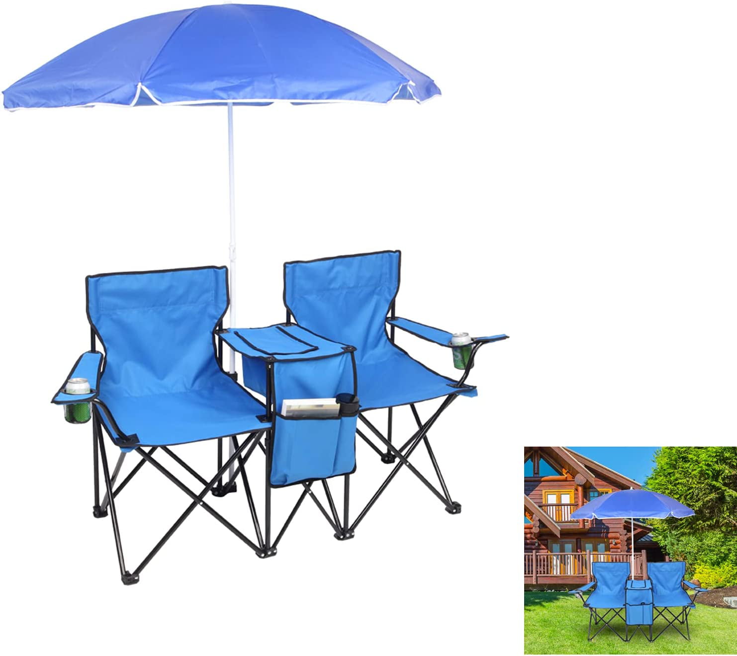 Picnic Double Folding Table Chair With Umbrella Table Cooler Fold Up Beach Chair 