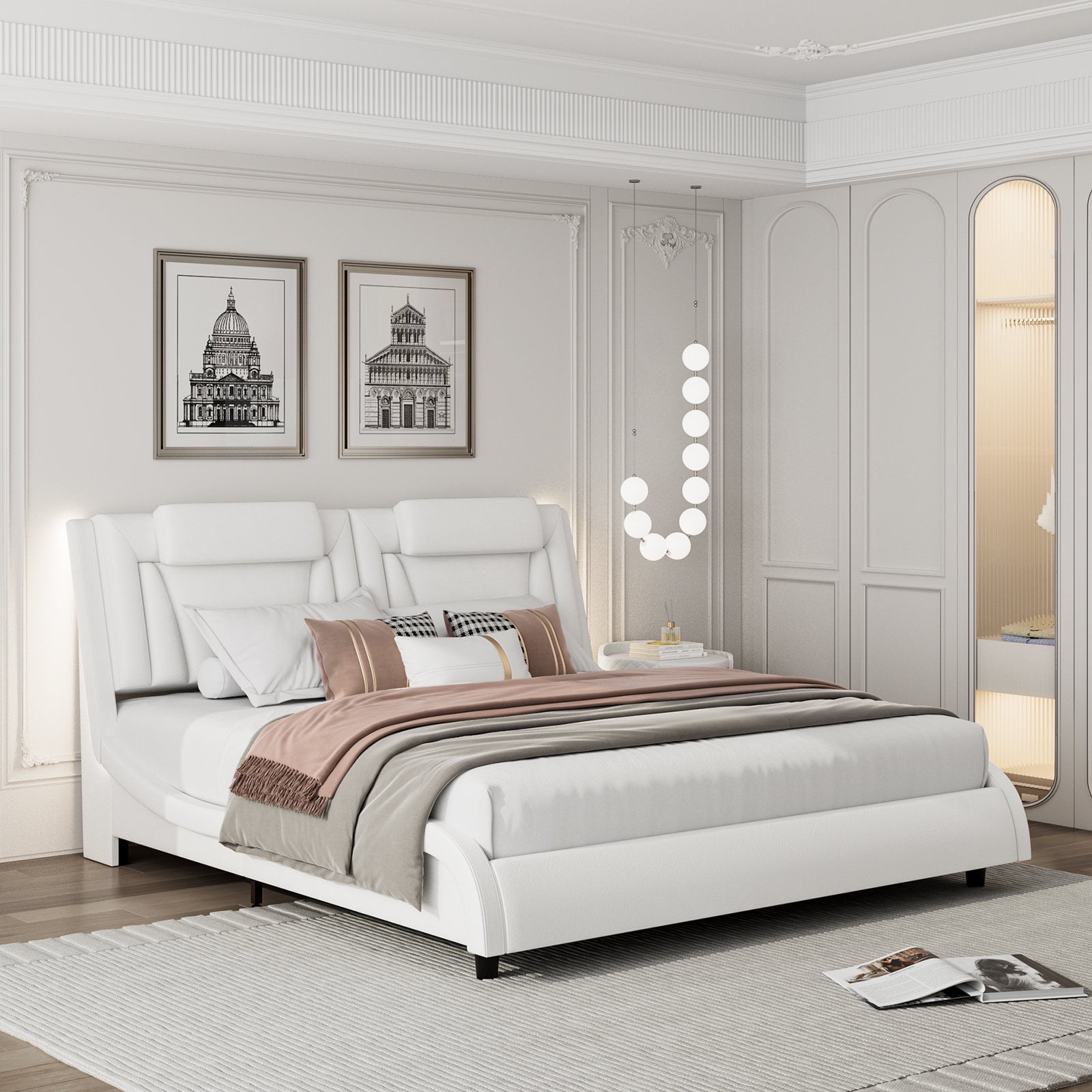 Homfa Queen Bed Frame with Adjustable LED Headboard, PU Leather Curved Upholstered Platform Bed Frame, White