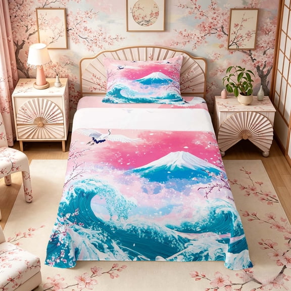 Manfei Ukiyo-e Fuji Twin Sheet Sets for Girls, Crane Wave Bedding, Pink Blue White 3pcs, 1 Flat Sheet, 1 Fitted Sheet and 1 Pillowcase