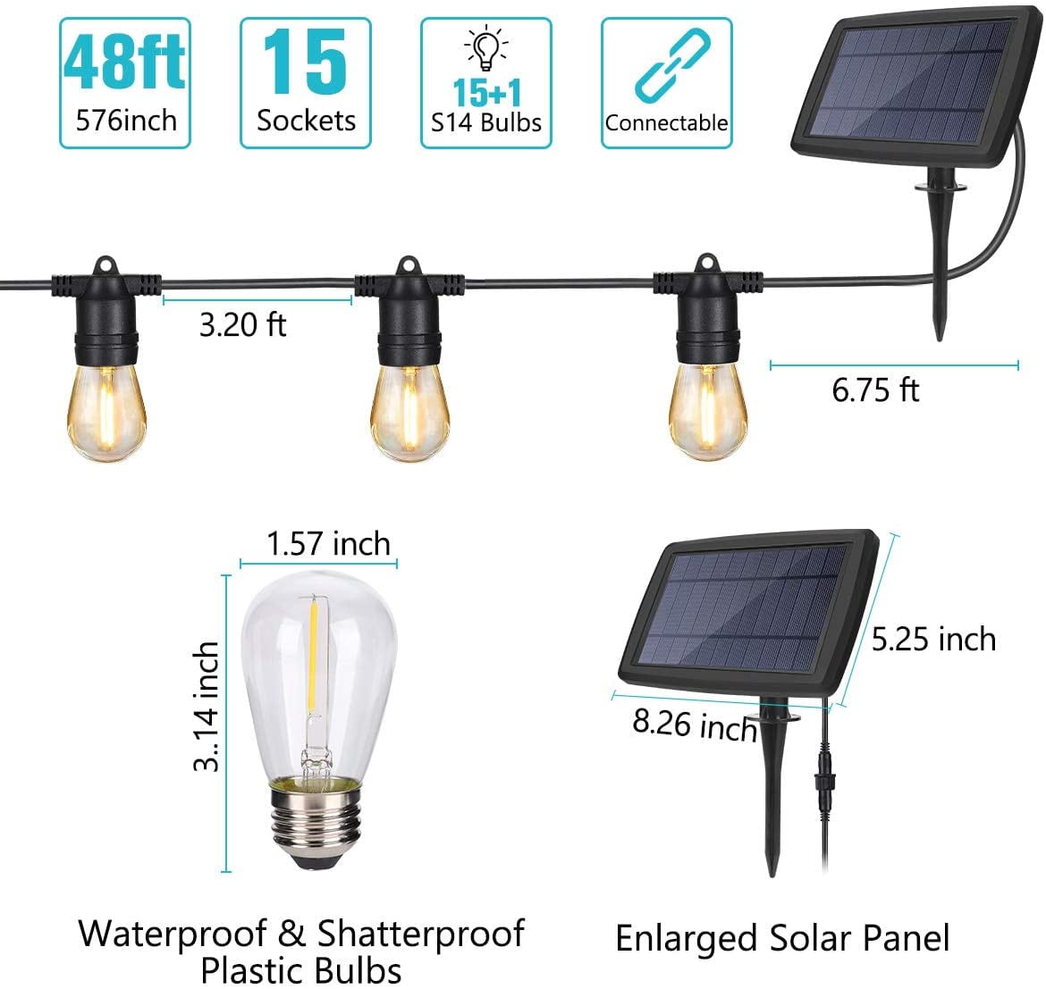 Yi Lighting 48ft Solar-Powered Outdoor String Lights with 15 LED Bulbs Weatherproof for Patio, Porch, Deck, Party Garden