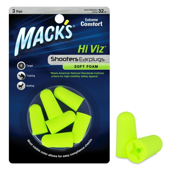 Mack's Hi Viz Soft Foam Shooting Earplugs, 3 Pair - Most Visible Color, Easy Compliance Checks, 32dB High NRR - Comfortable, Safe Ear Plugs for Hunting, Tactical, Target Shooting