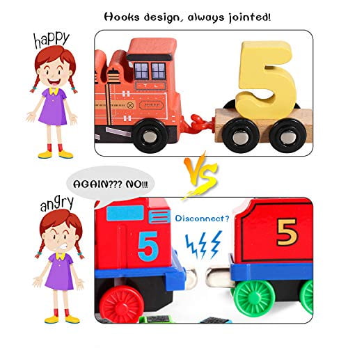 EFOSHM Wooden Train Toy Set 12pcs-Train Cars Digital Toy Set-Toy Train Sets for Kids Toddler Boys and Girls