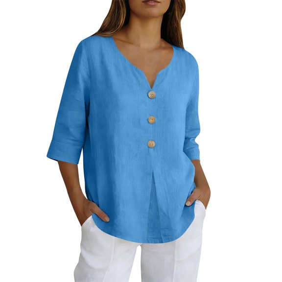 Linen T Shirts For Women Summer Linen Tops Gauze Shirts For Women Womens Summer Tops Boho Peasant Gauze Blouses Loose Fit Tee Shirt Women Peasant Tops For Women Womens Gauze Tops Sky Blue S