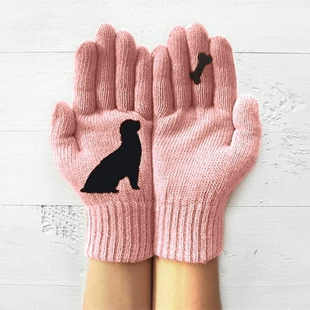 

JERDAR Winter Gloves Ladies Woolen Gloves Autumn And Winter Outdoor Warm Dog Bones Printing Gloves Pink