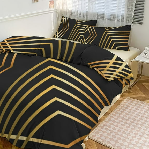 Gold Black Line Abstract Geometric 3D Pattern Duvet Cover Set Bedding Set Polyester Quilt Cover for Bedroom Decoration