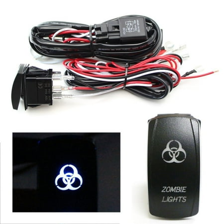 iJDMTOY 2-Output Universal Relay Wiring Harness with Zombie Lights Blue LED Light ON/OFF Rocker Switch, Good For Off-Road LED Light Bar, LED Pod Lights, Aftermarket Fog Lights, Driving Lights,
