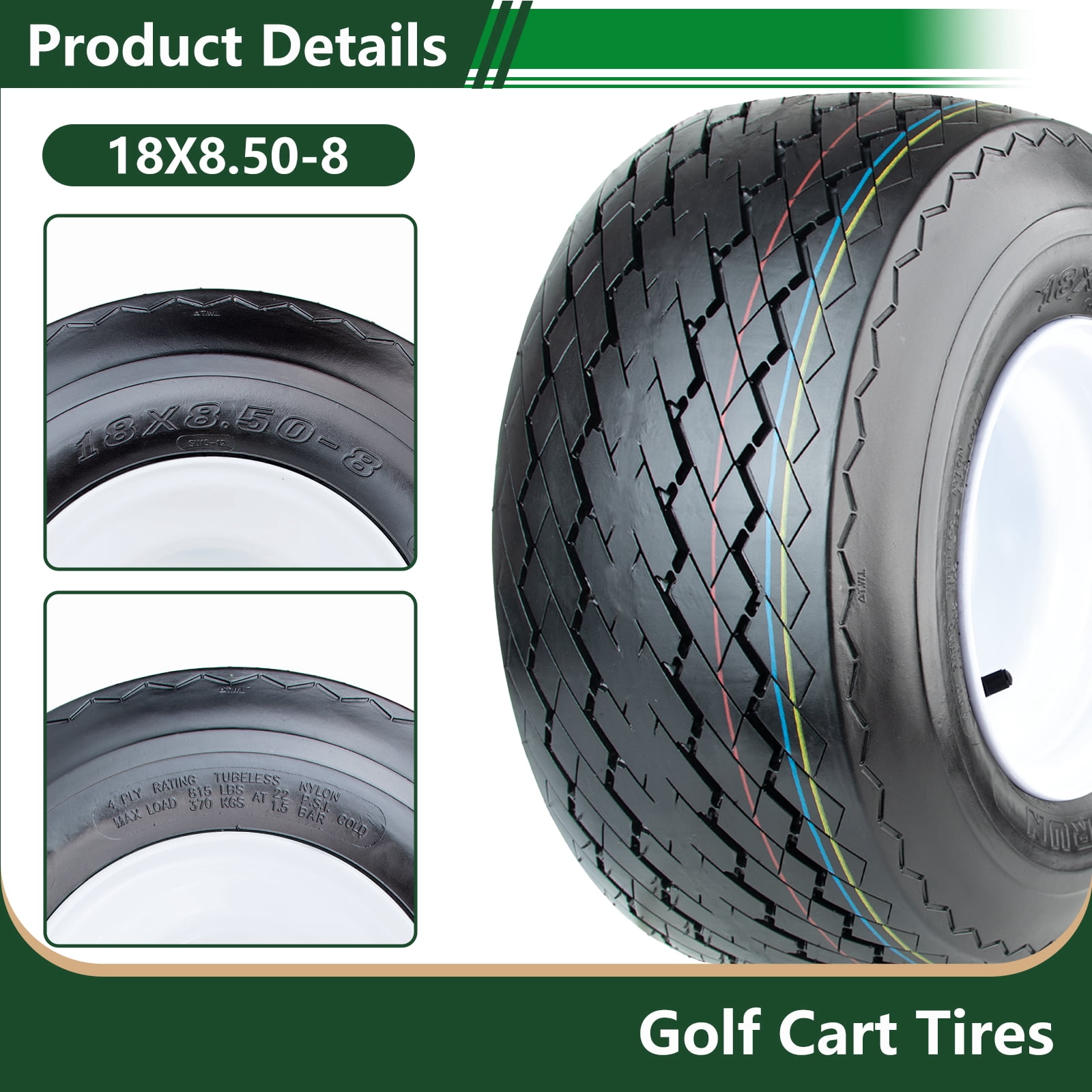 Hi-Run 4 Set SU15 18X8.50-8 4PR Golf Cart Tires Wheel Assembly & 8X7 4 Lugs on 4" PCD White Rim Fits 18X8.5X8, 18X8.5-8