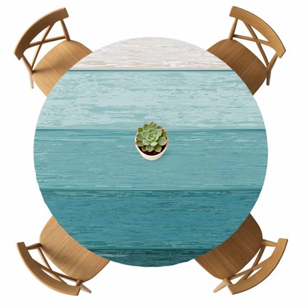 Round Fitted Tablecloth with Elastic Teal Wood Grain Tablecloths Waterproof Oil Proof Rustic Ombre Wooden Stripes Table Cover for Kitchen Dinner Party Picnic Fits Tables up to 36 - 44 Diameter