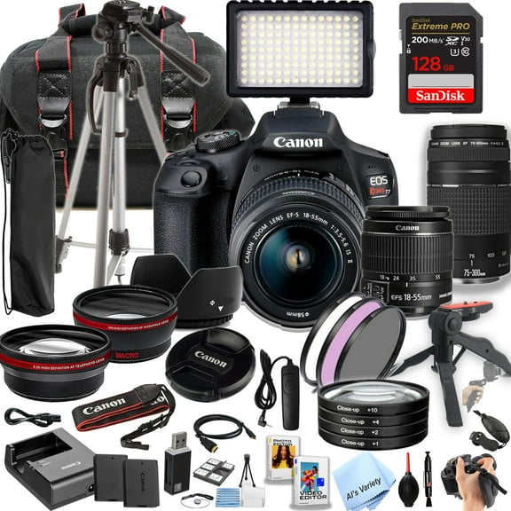 Canon EOS Rebel T7 DSLR Camera w/Canon EF-S 18-55mm & 75-300mm Lenses   128GB Extreme Memory, LED Video Light, Wide Angle Lens, Telephoto Lens, 3pc Filter Kit- 42pc Pro Bundle