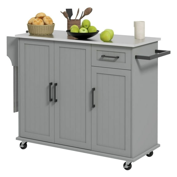 Kitchen Island Cart with Storage, Movable Kitchen Cart with Stainless Steel Top, Rolling Kitchen Island for Small Spaces, Gray