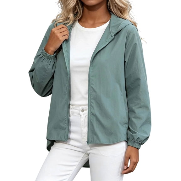 hlysgo Women's Hooded Zip Up Short Jacket Long Sleeve Elastic Cuff Casual Coat Lightweight Outerwear Fall Vacation with Pocket Green,M