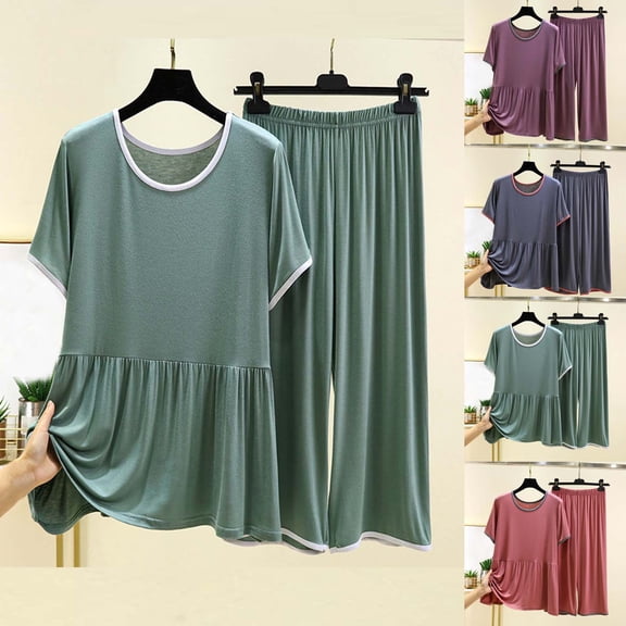 LEAVINGSUO Two Piece Sets for Women Plus Size Women's Fashion Casual Solid Color T-shirt Long Pants Two-piece Set Army Green L