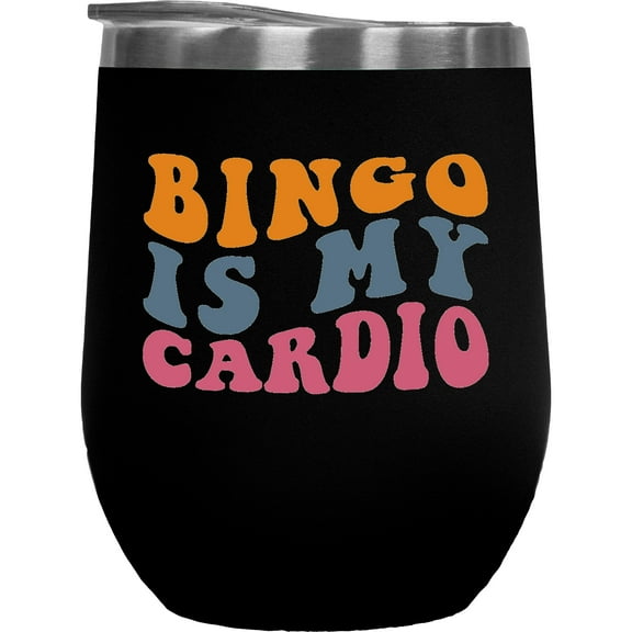 Bingo Is My Cardio, Witty Workout & Game Humor Quote, Groovy Retro Wavy Text Merch Gift, Black 12oz Wine Tumbler