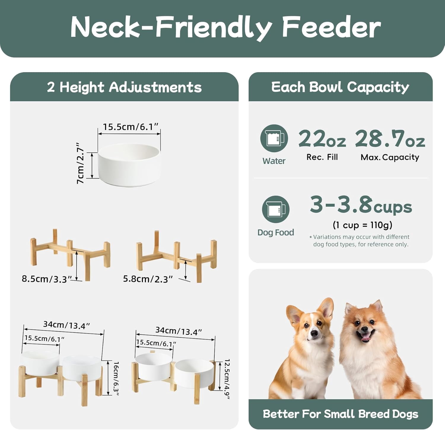 Ceramic Raised Double Bowls Set with Stand, 2 Heights Elevated, Food & Water Bowls for Small Breed Dogs, Weighted Dog Dishes, Pet Bowl(6.1'',28.7oz, White)