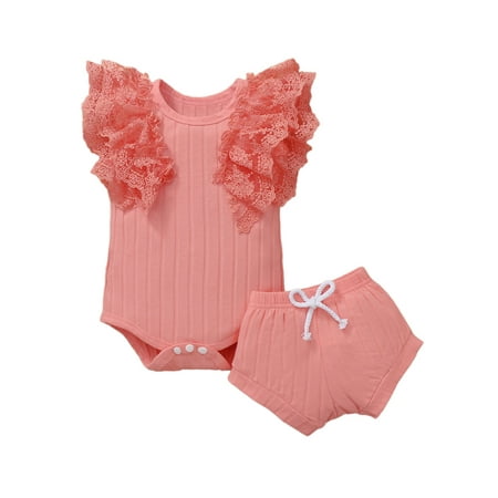 

uukiA Newborn Infant 0-12 Months Girl Lace Solid Flying Sleeve Cute Romper And Shorts 2PCs Outfits Set