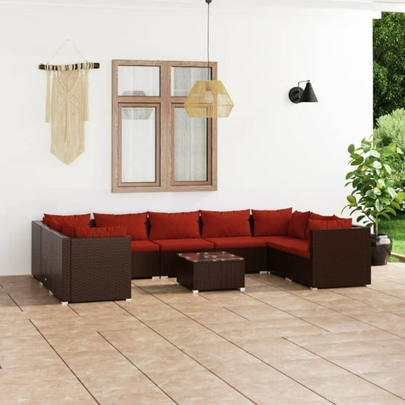 vidaXL 10 Piece Patio Lounge Set with Cushions Poly Rattan Brown, 3101979