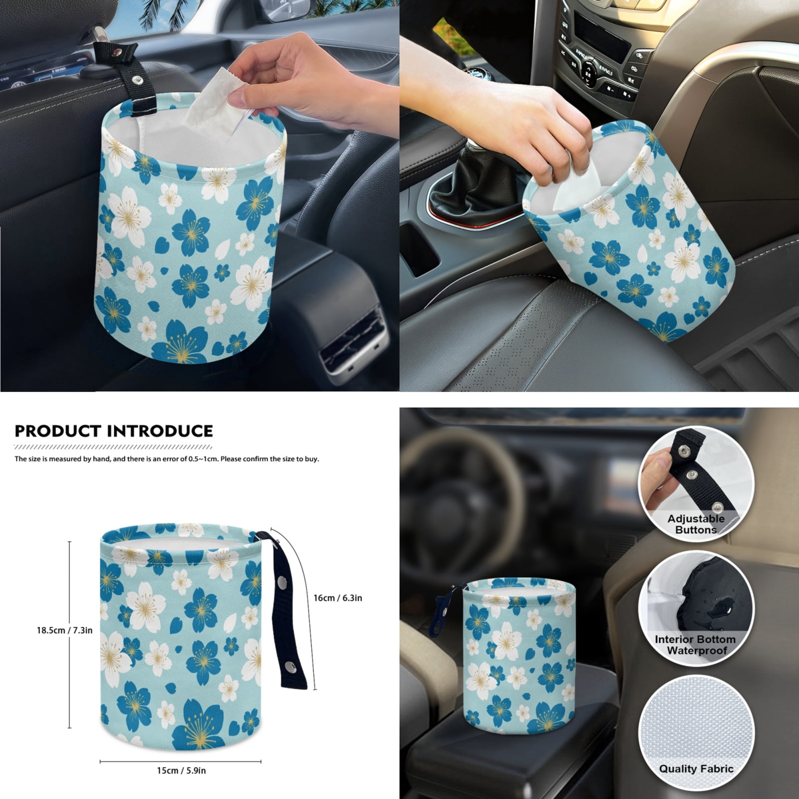 Yuyamidu Blue Flower Car Seat Covers Cute Steering Wheel Cover Seat Belt Cover Cup Holders Garbage Can Car Center Console Pad Handbrake Cover Gear Shift Knob Cover Rearview Mirror Cover, Pack of 14