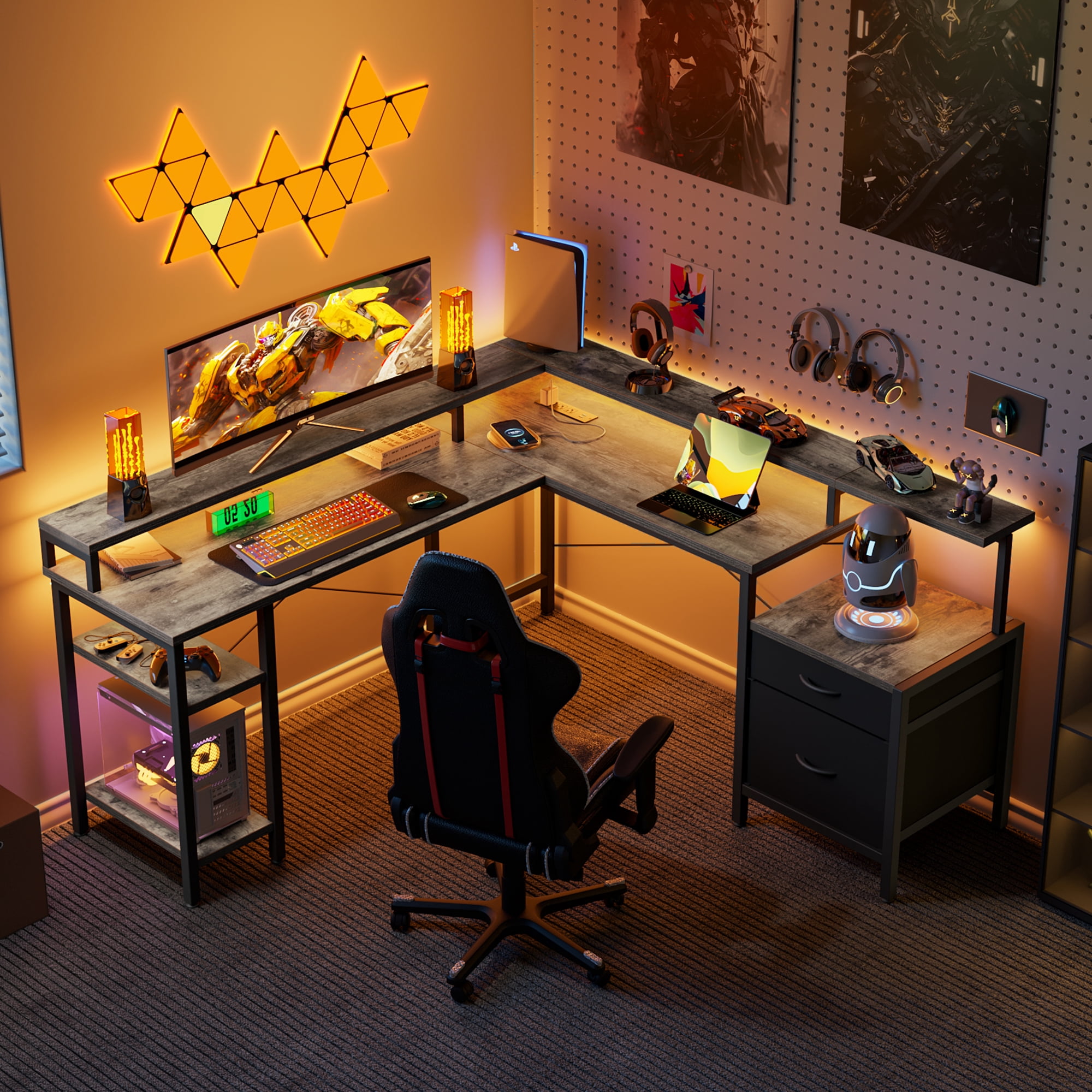 66.93 Inch L-Shaped Desk with Storage Drawers, Gaming Desk with Power Outlet & LED Light Strip, Corner Computer Desk with Shelves for Home Office Workstations, Grey