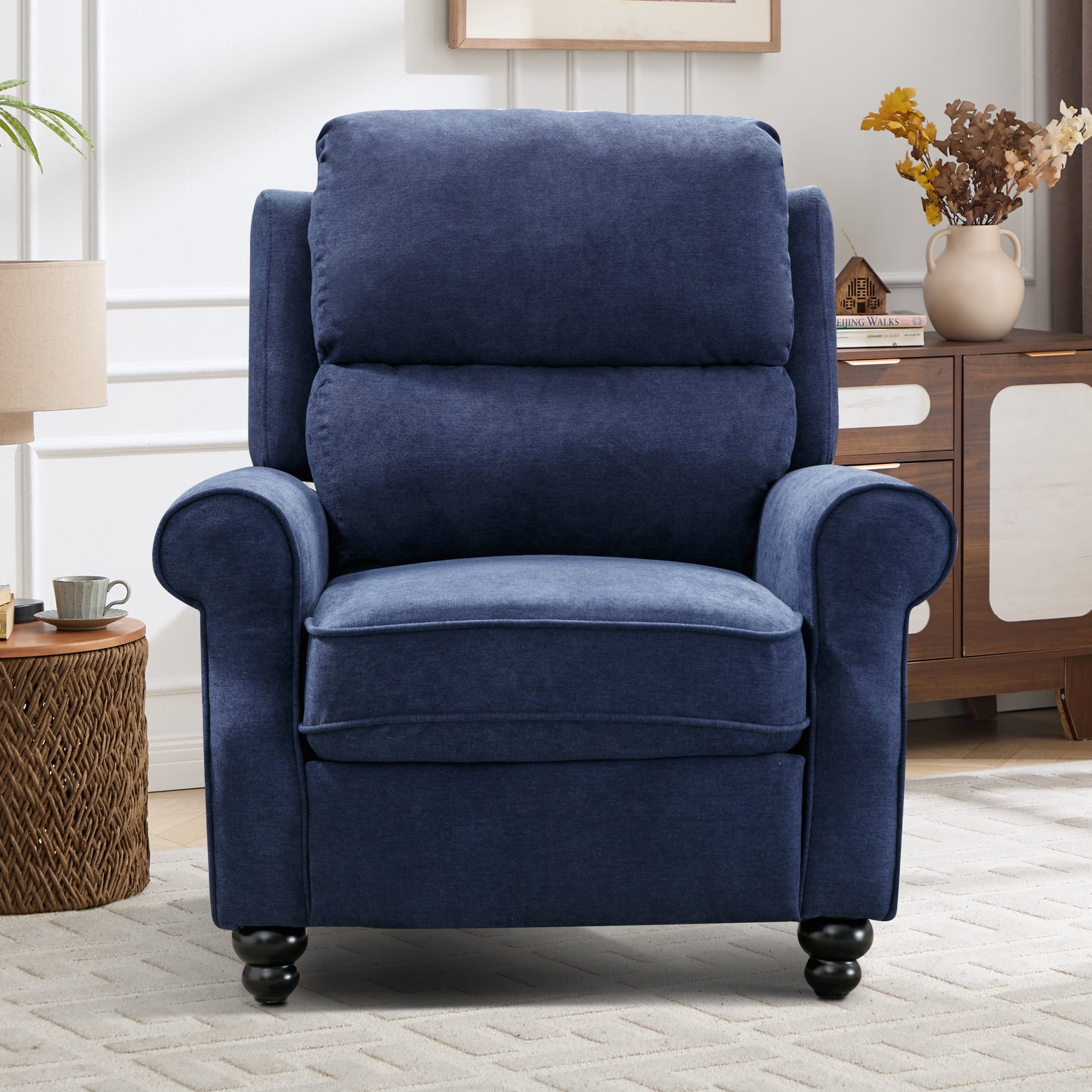 Ebello Push Back Recliner Chair – Overstuffed Textured Fabric Wingback Recliner, Adjustable Manual Reclining Sofa Chair for Living Room, Bedroom (Blue)