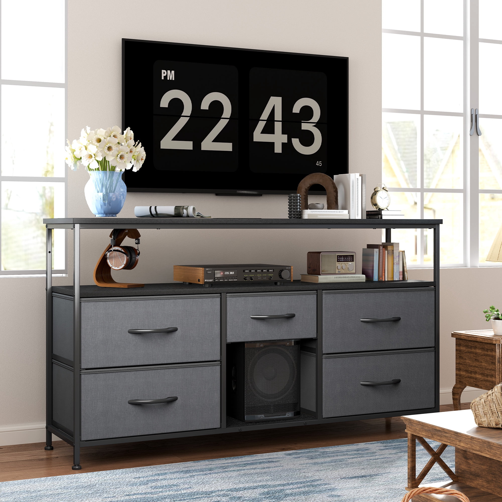 Wide Dresser with 5 Drawers for 50" TV Stand with Power Outlets & LED Lights & Entertainment Center,Dressers for Bedroom with Shelves for Living Room, Sturdy Metal Frame, Grey
