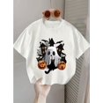 thumbnail image 1 of Girls' Halloween T-Shirt - Spooky Ghosts, Black Cats & Bats Print Short Sleeve Round Neck Top with Jack-o-Lanterns & Haunted House Design - Soft Stretch Knit Fabric for Spring Summer Casual W, 1 of 6