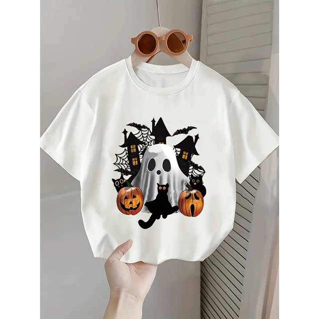 Girls' Halloween T-Shirt - Spooky Ghosts, Black Cats & Bats Print Short Sleeve Round Neck Top with Jack-o-Lanterns & Haunted House Design - Soft Stretch Knit Fabric for Spring Summer Casual W