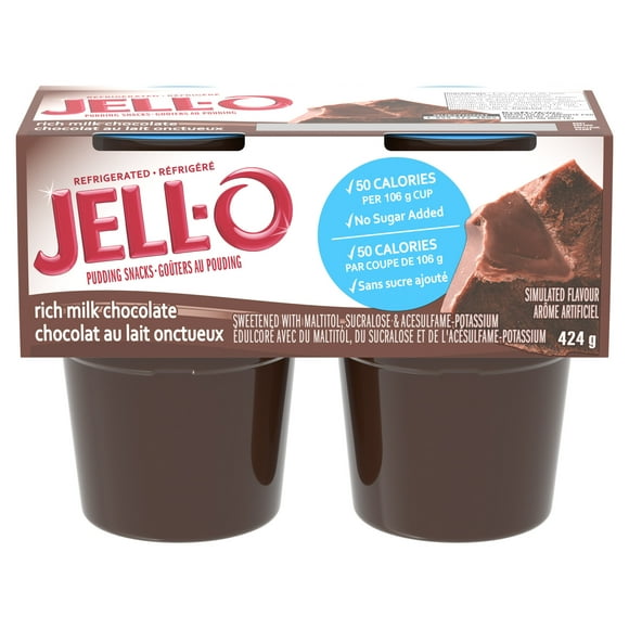 Jell-O Rich Milk Chocolate No Sugar Added Ready-to-Eat Refrigerated Pudding Cups Snack, 4 ct Cups, 4 Pack