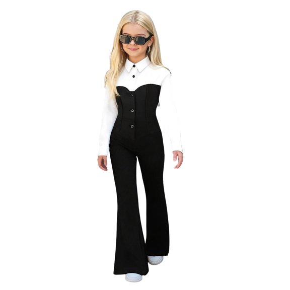 WhouRiu Girls Casual Outfit Sets Long Sleeve Color Block Button Down Shirts Flared Pants Clothes Set