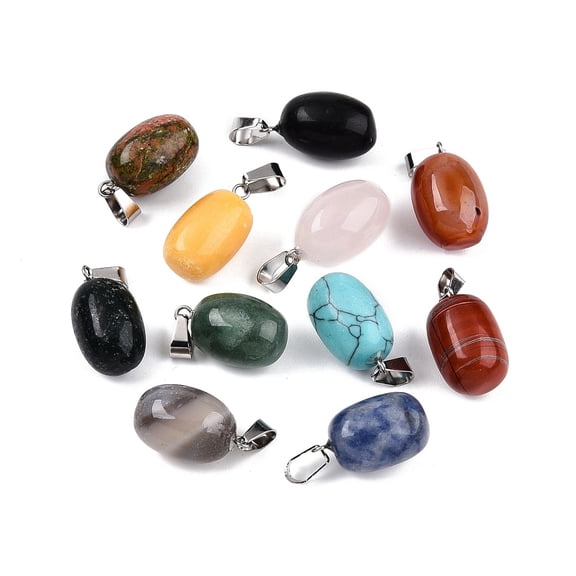 50pcs & Mixed Stone Pendants Oval Mixed Dyed & Undyed with 201 Stainless Steel Snap on Bails Stainless Steel color 21.5~23x12~13.5mm Hole: 7x4mm