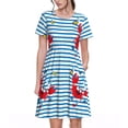thumbnail image 1 of Vsdgher Robe Midi Décontractée Rouge Drôle Crabe sur Rayures Bleues pour Femmes Été 2025 Manches Courtes Légères Col Rond Robe de Plage, 1 of 6